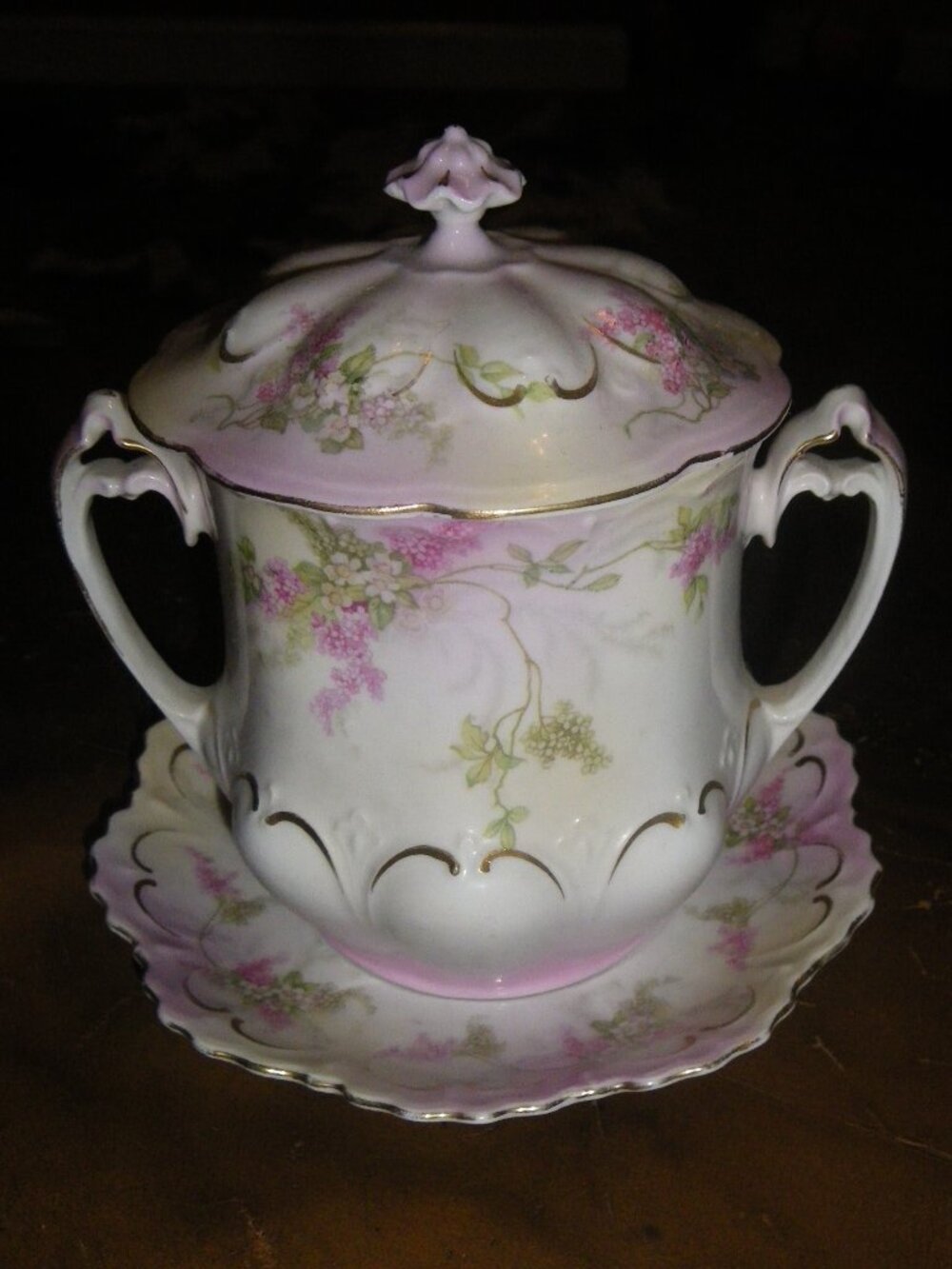 Vintage M.Z. Austria Porcelain Sugar / Utility Bowl Lidded Container w/ Coaster